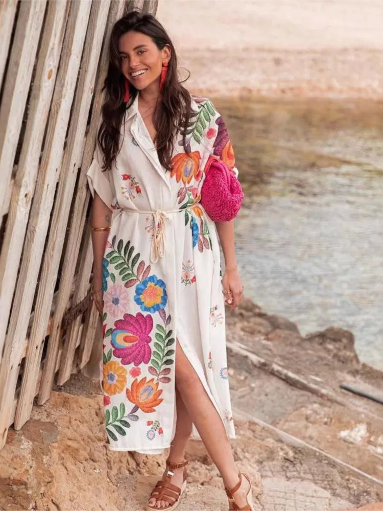 Bohemian Printed Lace-Up Loose-Fit Midi Dress for Women