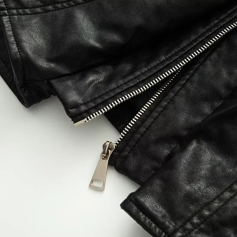 Cropped Oversized Black Leather Bomber Jacket for Women