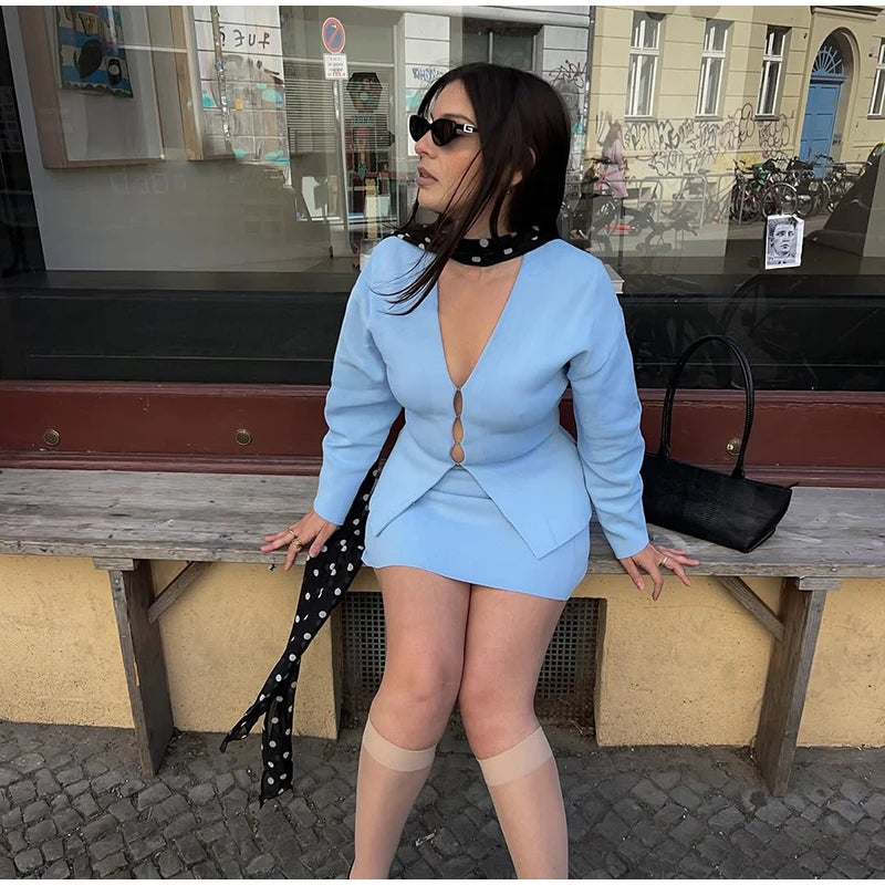 Elegant Knit Two Piece Set With Front Cutout and V Neck For Women