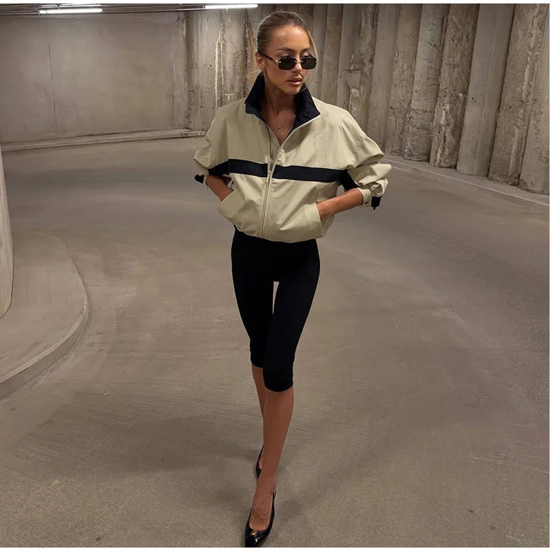 Color Block Zip Up Cropped Jacket With Stand Collar For Women