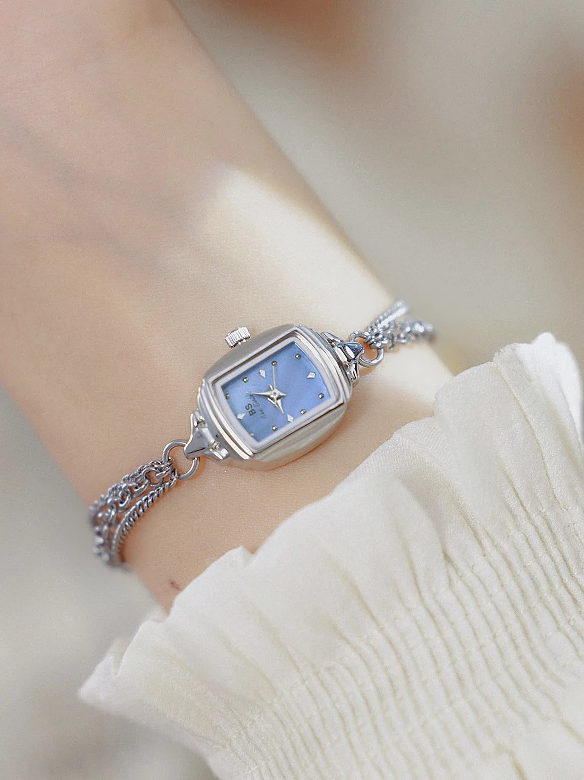 Light Blue Bracelet Watch With Silver Quartz Movement for Women