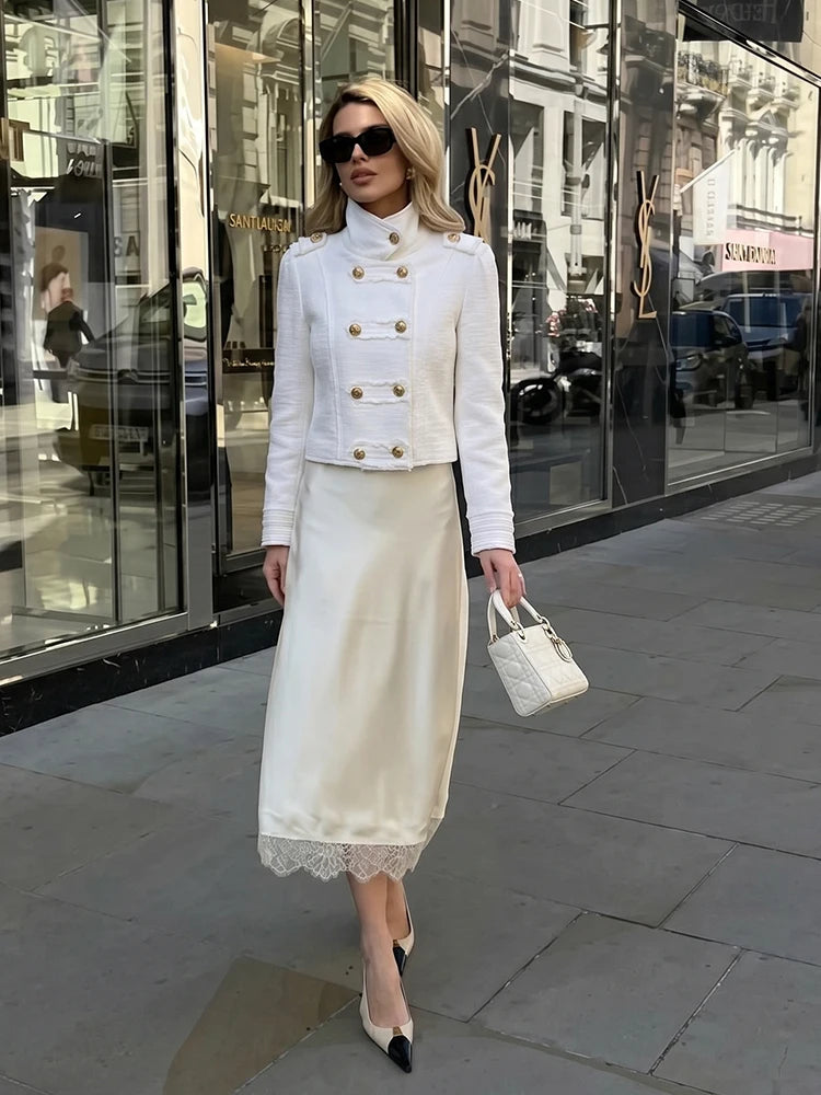 White Tweed Cropped Jacket With Gold Buttons for Women