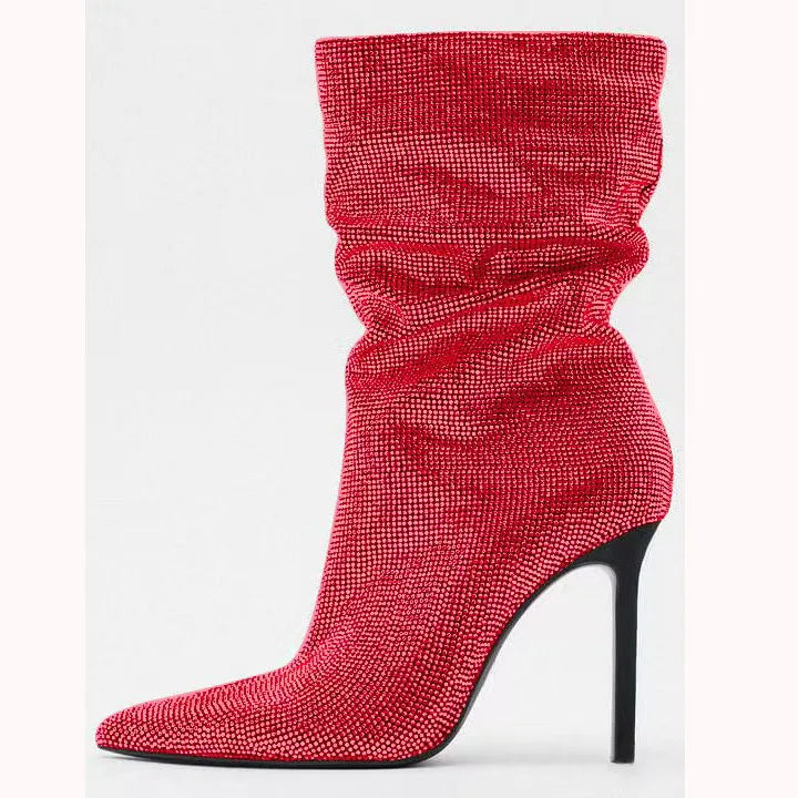 Rhinestone Embellished Pointed Toe Stiletto Boots For Women