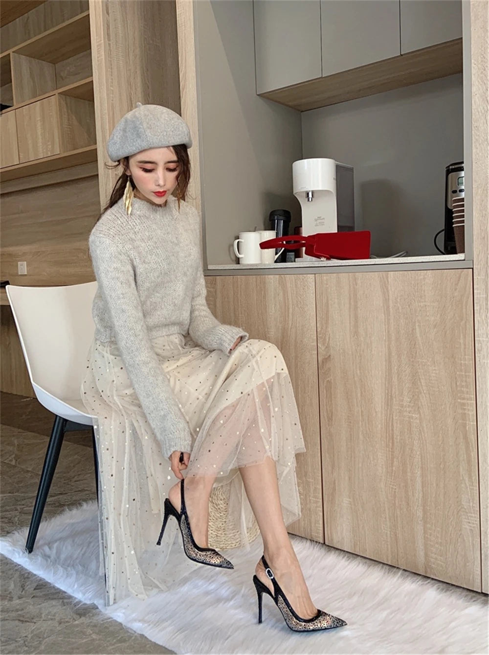 Rhinestone Mesh Pointed Toe Thin High Heels for Women
