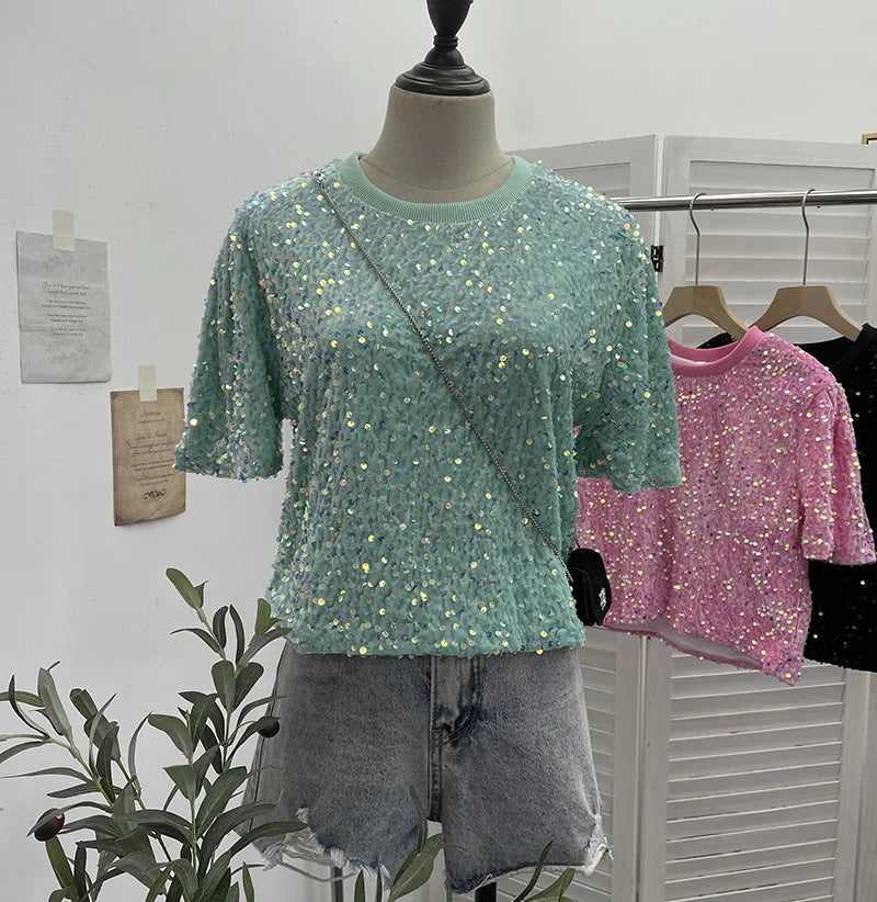 Spicy Girl Pink Sequins Short Sleeve T-shirt Round Neck Slimming Crop Top Blingbling Sexy Nightclub Multi Color Casual Tees