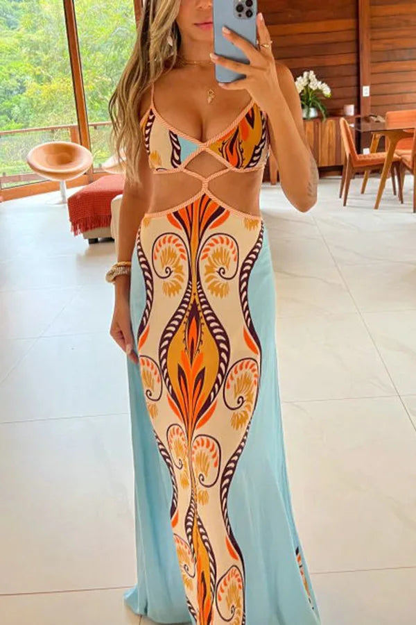 Elegant Deep V-neck Slim Bohemian Dress Women Casual Sleeveless High Waist Long Dress Fashion Pattern Printed Slim Party Dresses