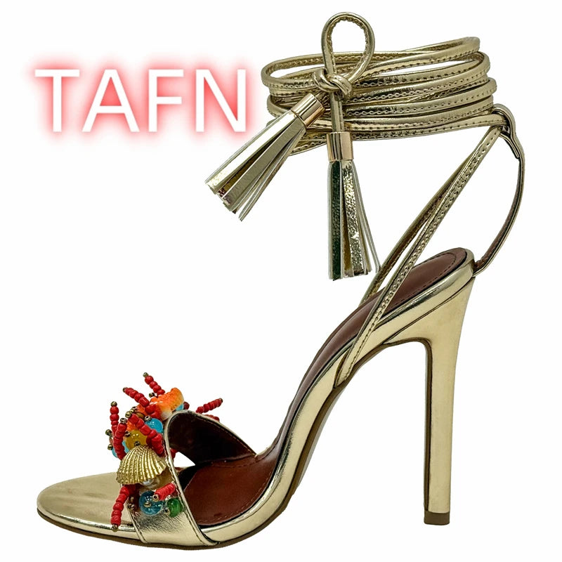 Shell Embellished Starfish Tassels Lace Up Sandals for Women