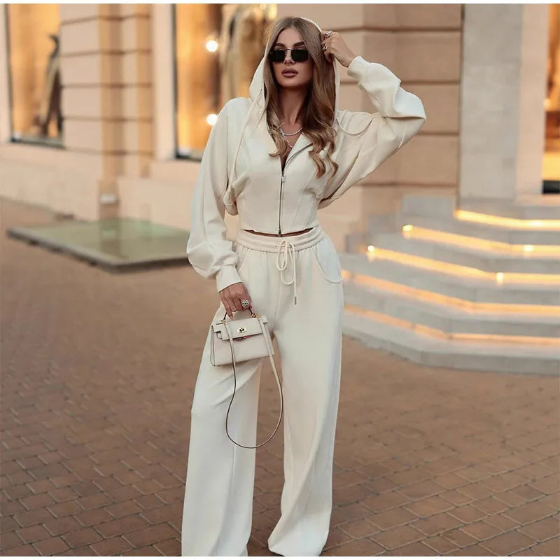 Zip Up Corset Hoodie And Wide Leg Sweatpants Two Piece Set For Women