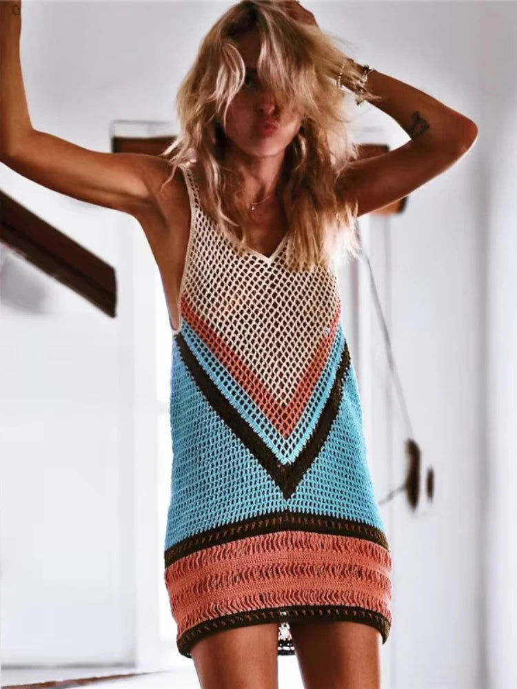 2025 Crochet Summer Beach Dress Cover Up Sexy Hollow Out Mesh Knitted Tunic Swimsuit Coverup Womens Beach Sarong Robe De Plage