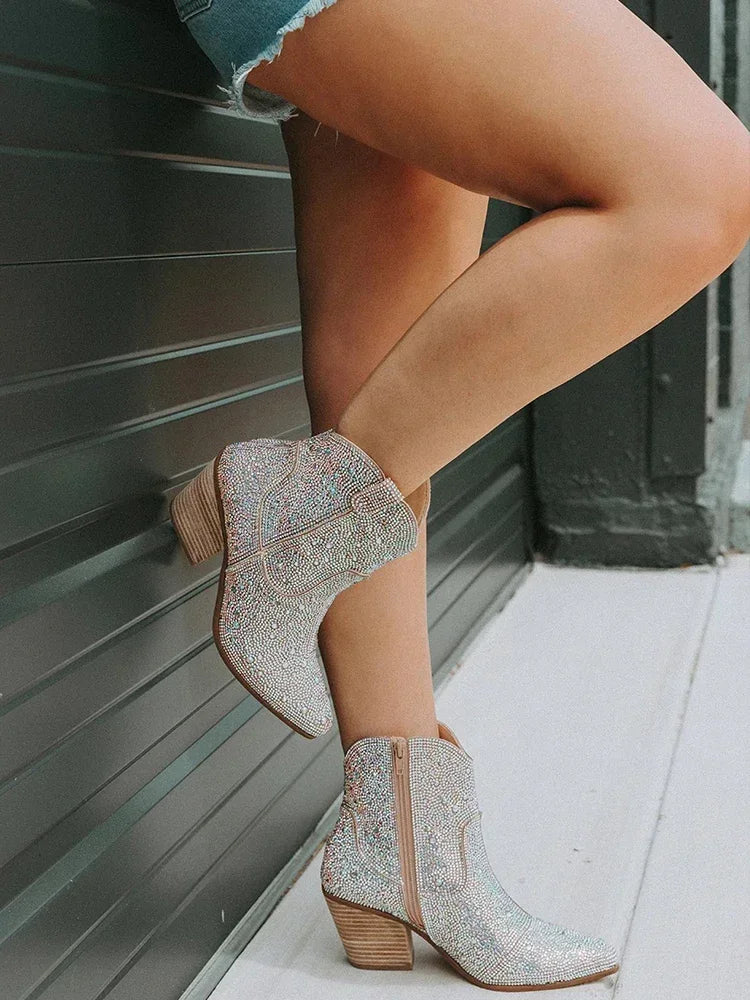 Glitter Western Ankle Boots With High Heels for Women