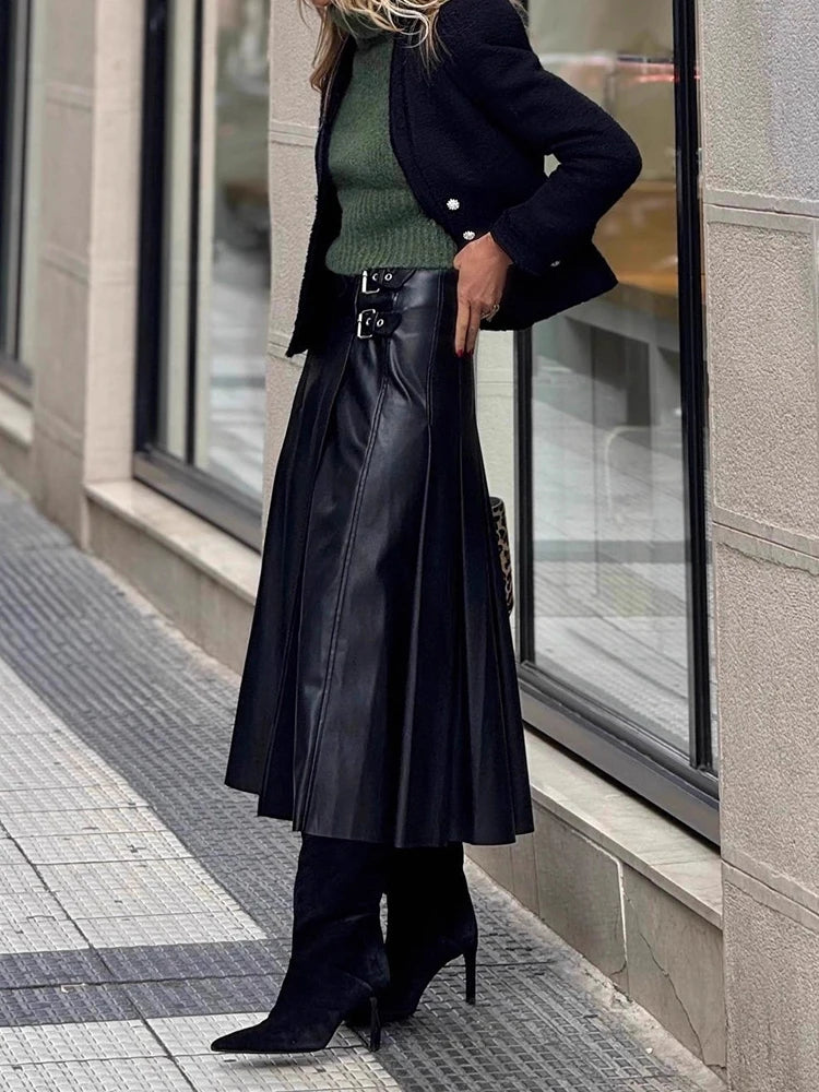 High Waist Lace-Up Faux Leather Midi Skirt for Women