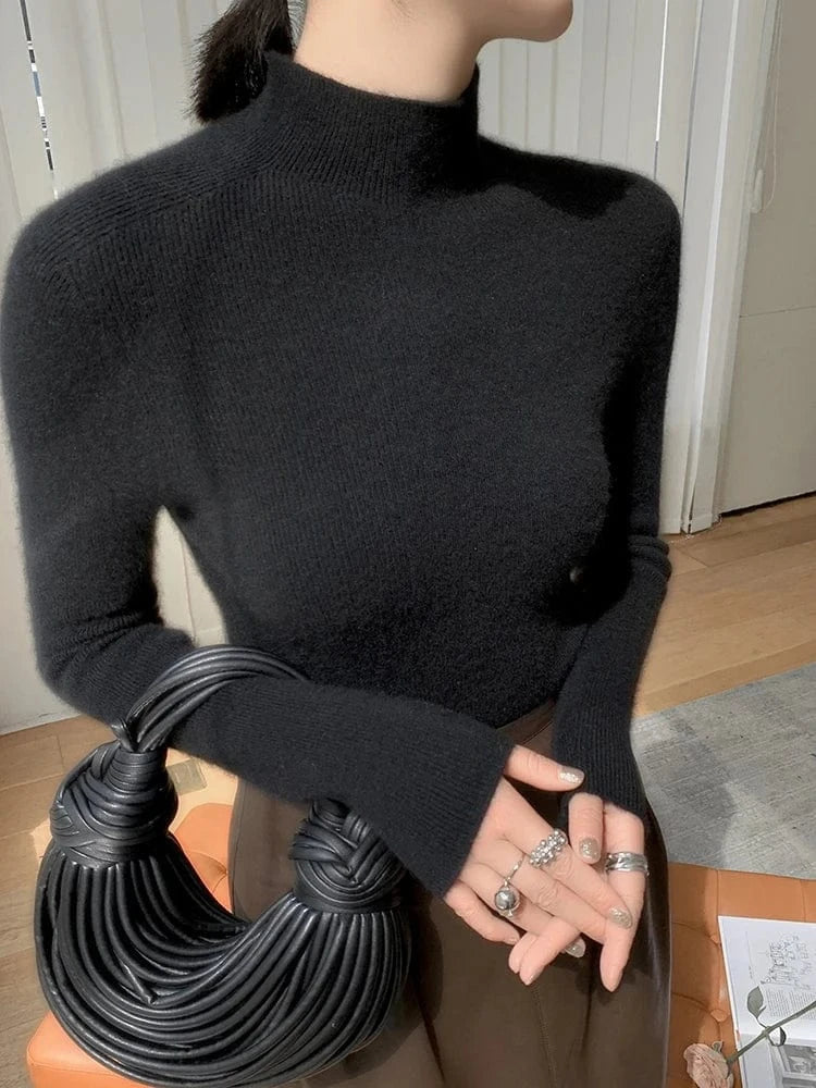 Women 100% Cashmere Sweater Mock Neck Pullover Autumn Winter Slim Basic Cashmere Knitwear Soft Warm High Strecth Pullover Tops