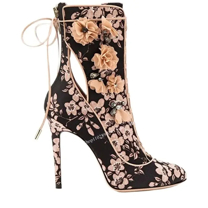 Black Floral Lace Up Pointed Toe Ankle Boots For Women