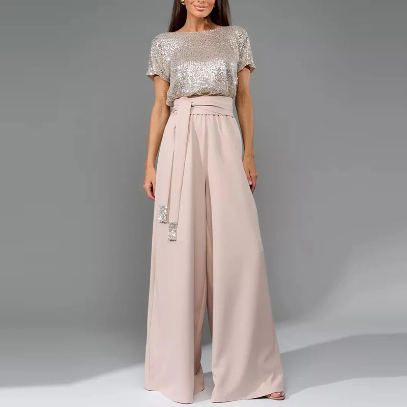 Sequin Patchwork High Waist Jumpsuit with Short Sleeves for Women