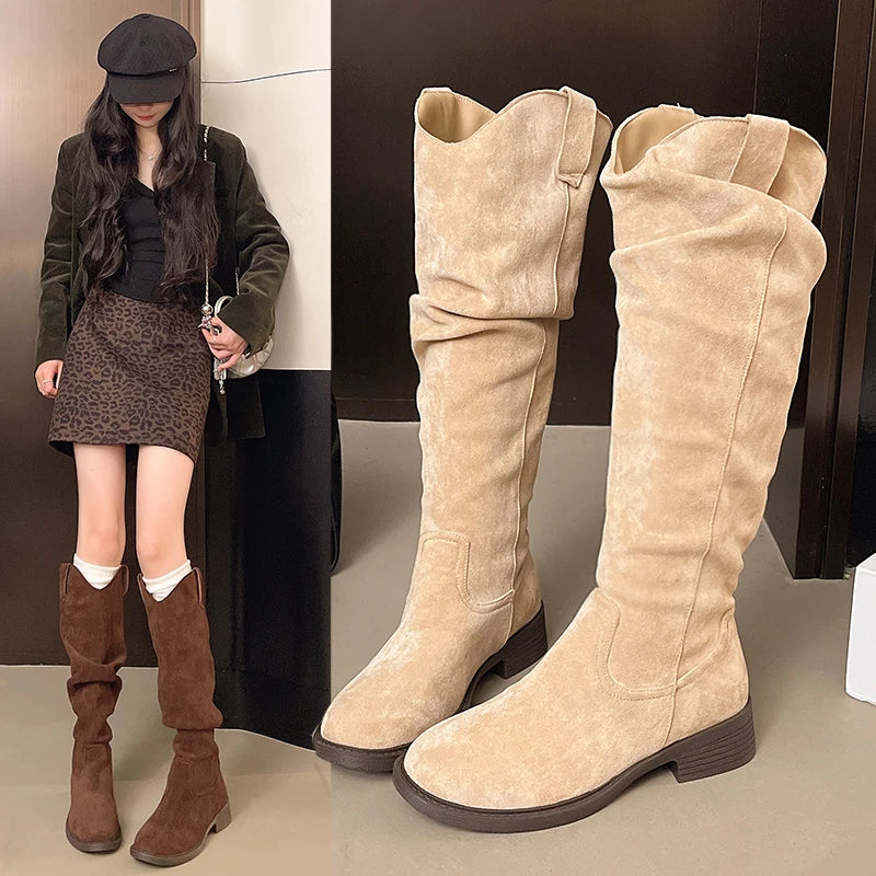 Elegant Low Heel Side Suede Knee High Boots for Women