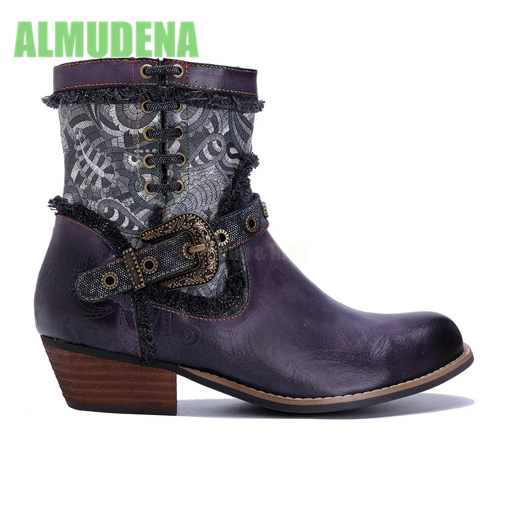 Vintage Western Short Boots With Square Heel And Belt Buckle For Women