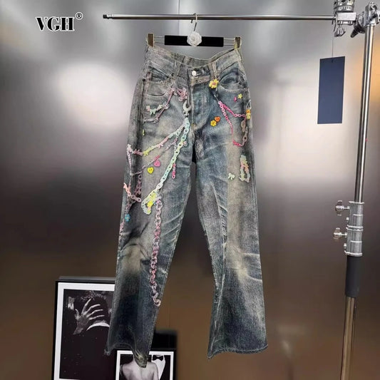 VGH Spliced Colorful Beading Chain Jeans for Women High Waist Patchwork Distressed American Retro Spring Trousers Female Style