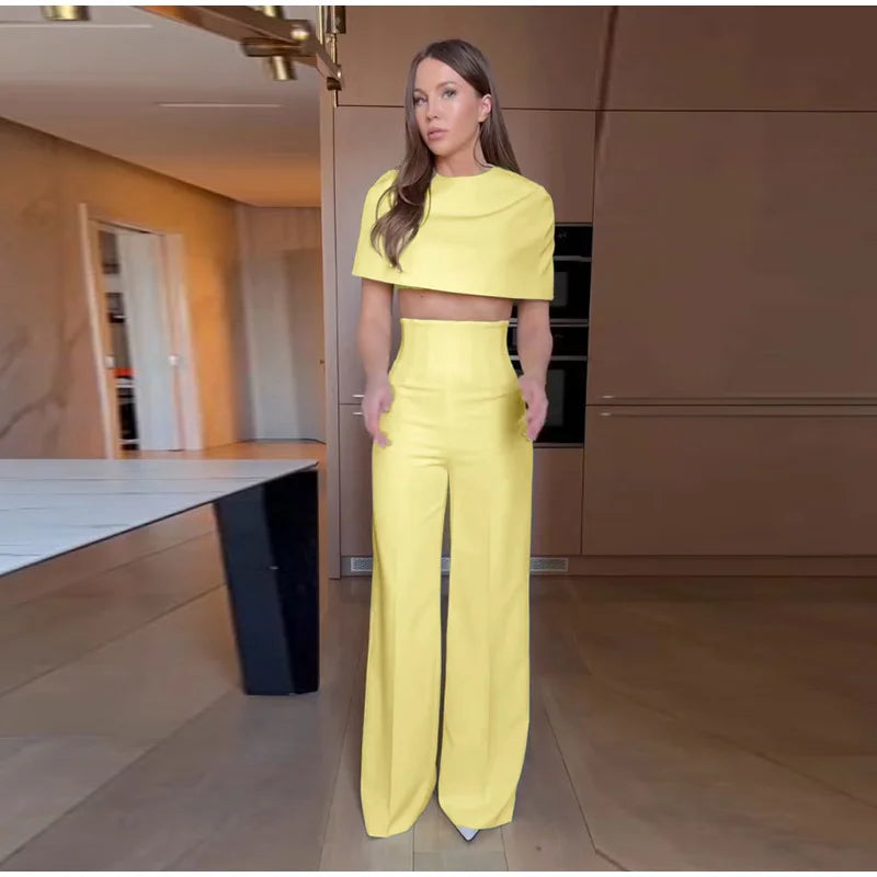 Elegant Wide Leg Pants And Blazer Three Piece Set For Women