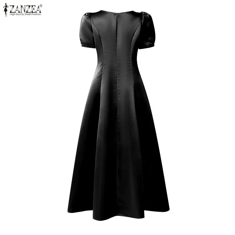 Square Neck Satin Puff Sleeve Maxi Dress