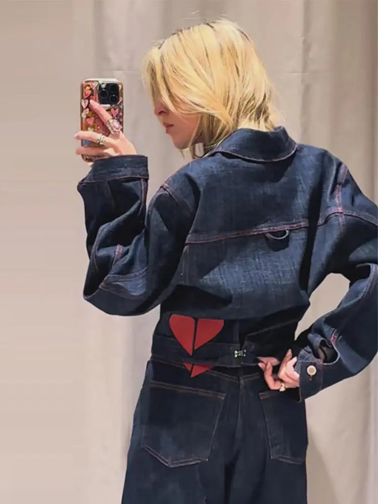 Chic Heart Print Denim Coat and Pants Set for Women