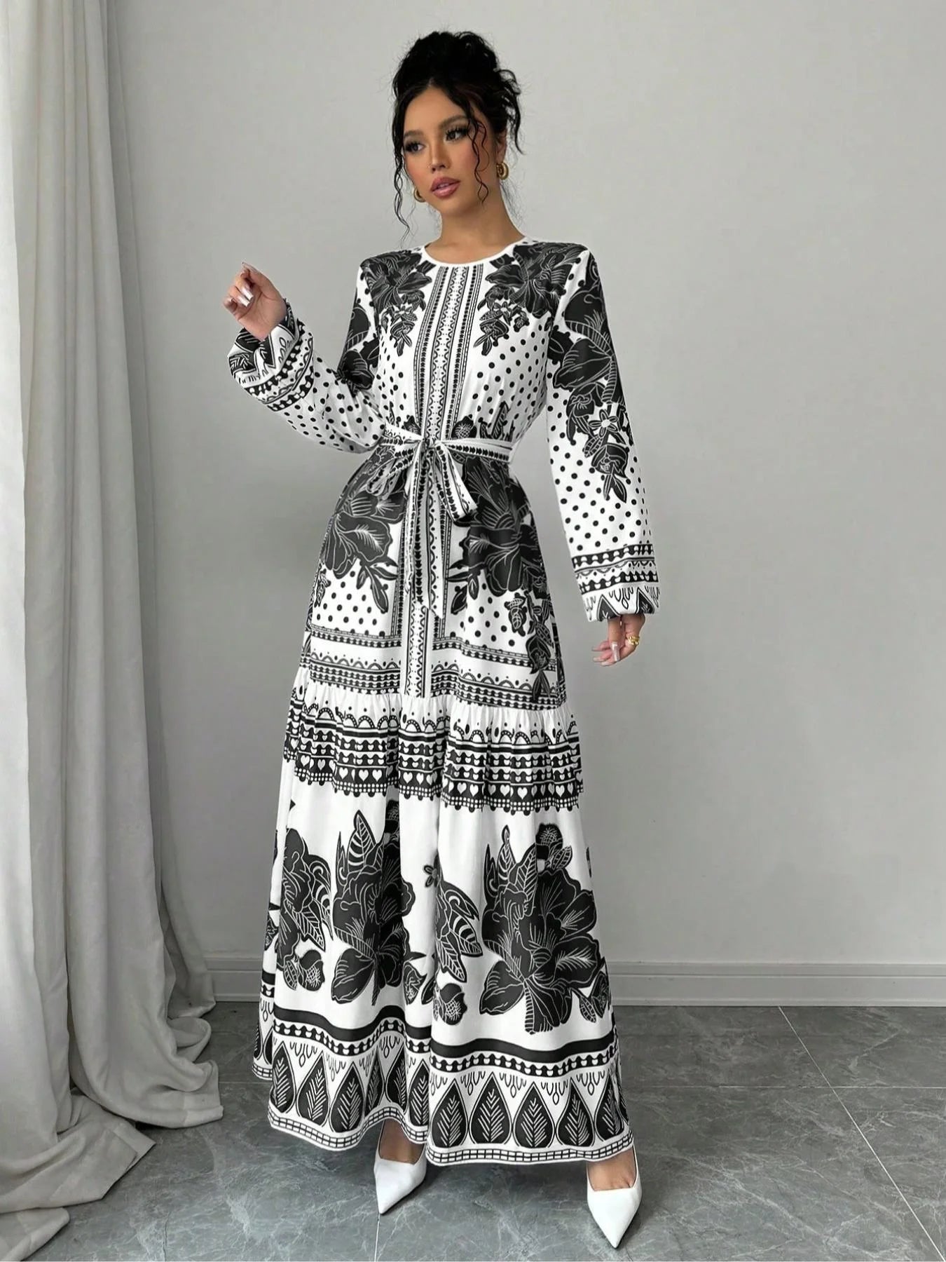 Women's Floral Print Belted Dress, Elegant Fashion Casual Long Sleeve Dress for Daily Outdoor Wear, Women Dress for Summer