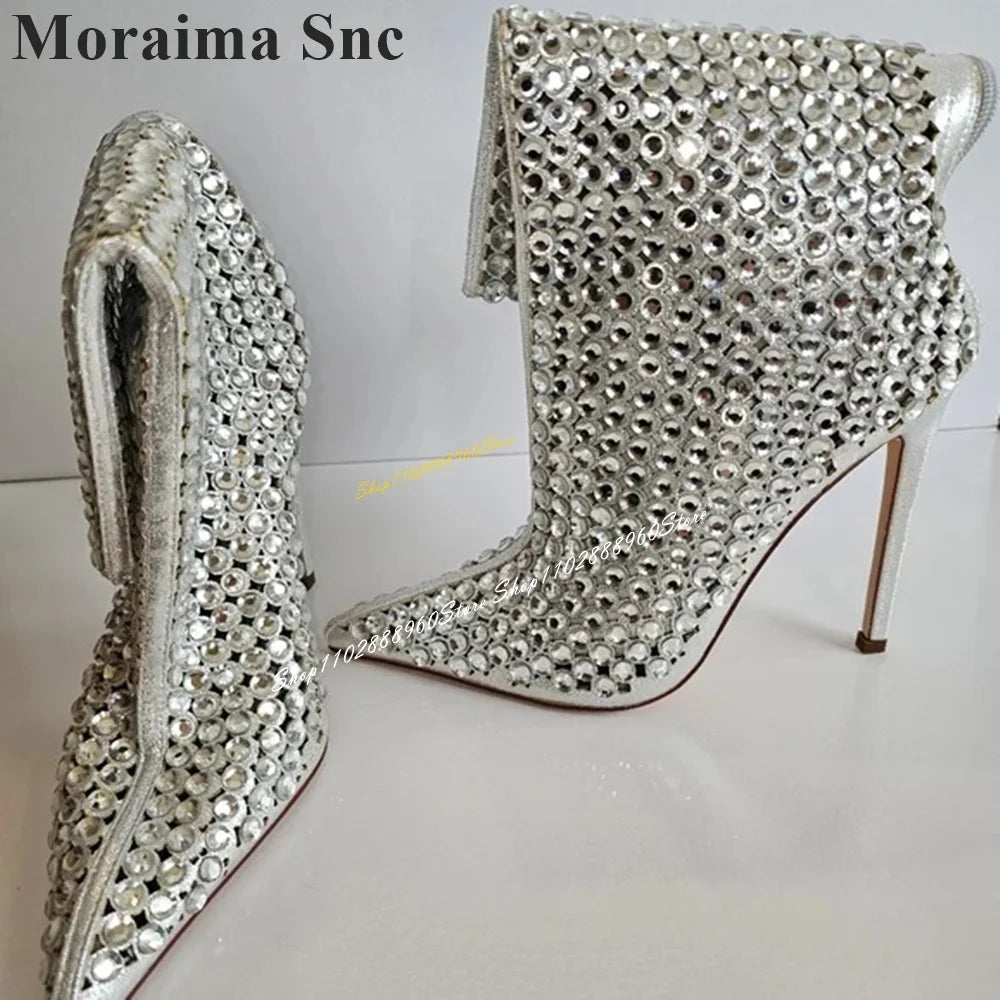 Crystal Net High Heel Pointed Toe Mid Calf Boots for Women