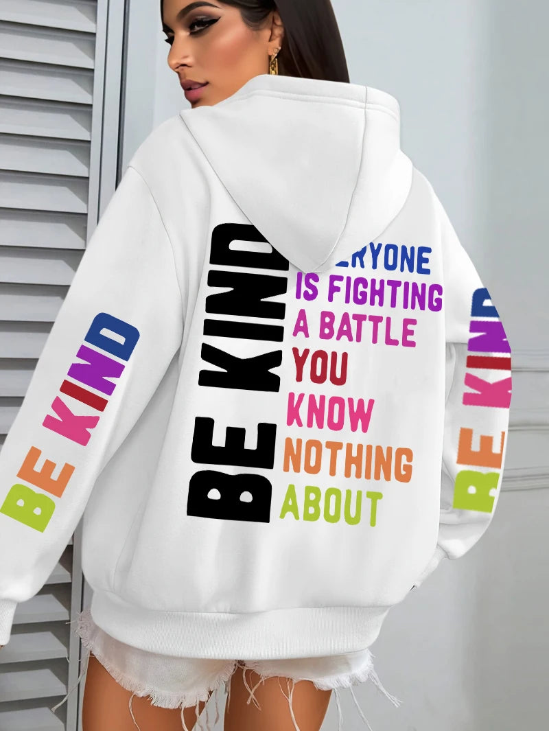 Be Kind Hoodies Women Letter Prints Winter Fleece Warm Hooded Street Pocket Loose Sweatshirts Casual All-match Woman Clothes
