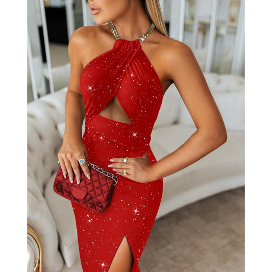Glitter Chain Halter Sleeveless Hollow Out Bodycon Dress Ruched Slit Midi Dress
