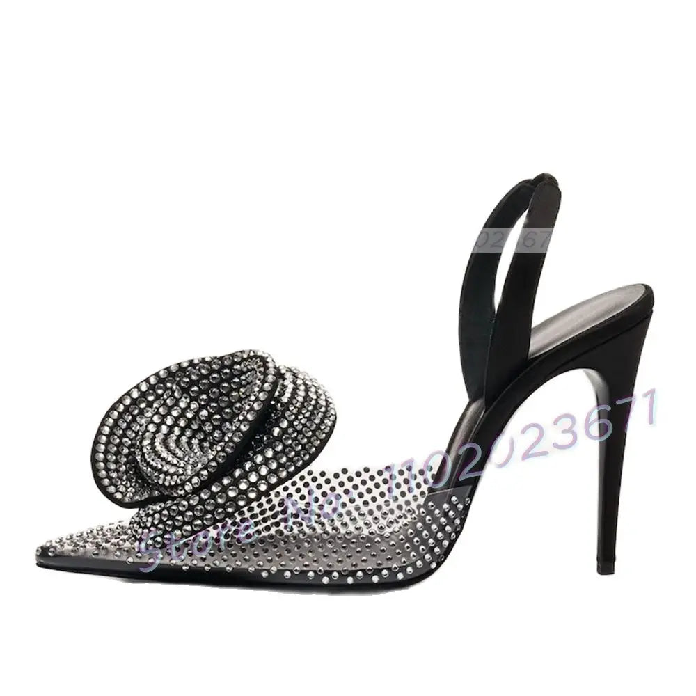 Pointy Rhinestone Flower Pvc Sandals Women Slingback Transparent High Heels Sandals Summer Runway Female Luxury Party Shoes