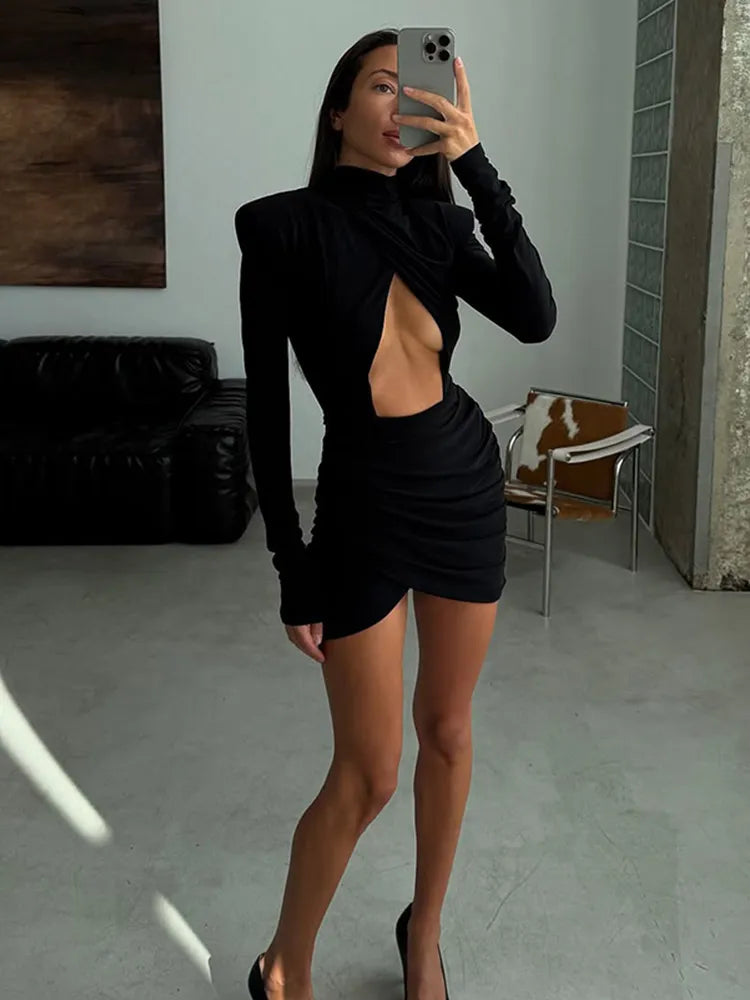 Women Sexy Hollow Out Pleated Mini Dress Fashion Solid Half High Collar Full sleeve Short Dresses Lady 2025 Chic Party Robes