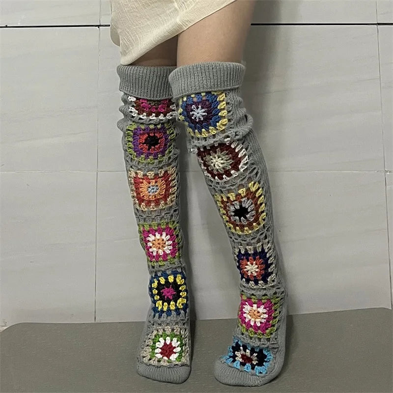 Ethnic Crochet Knit Autumn Winter Thigh High Socks for Women