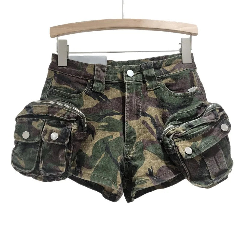 ANJY Summer New Women American Retro Streetwear Camouflage Three-dimensional Pocket Cargo Jeans Casual Trendy Denim Shorts A7672