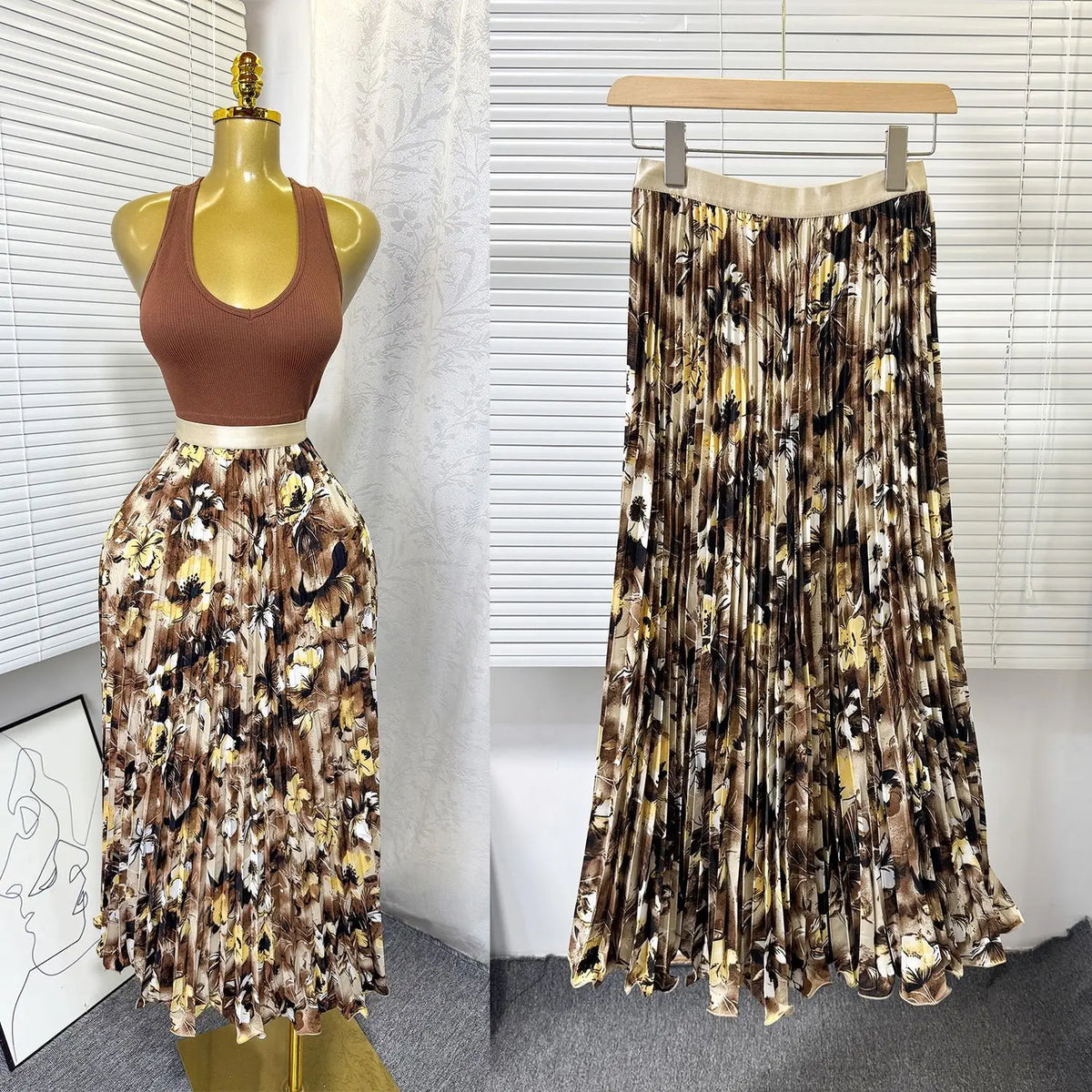 Floral Ruffle A Line Midi Skirt with Elastic Waist for Women