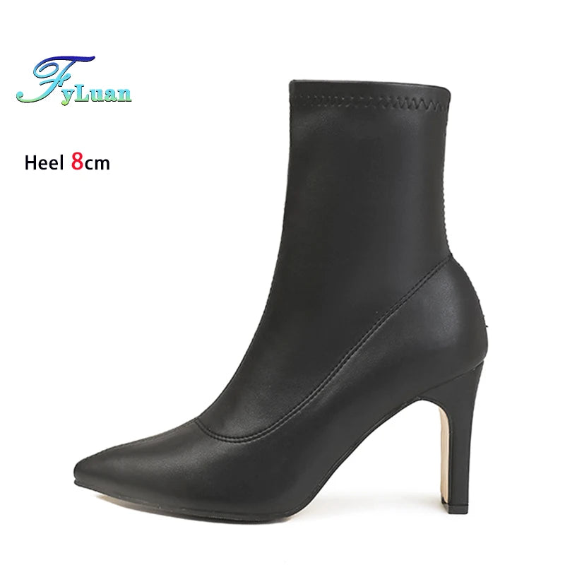 Pointed Leather High Heel Ankle Boots