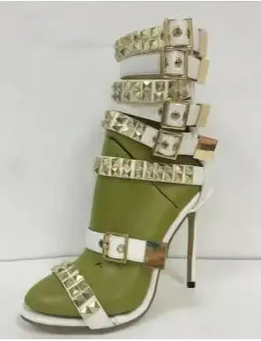 Vintage Gold Rivet Leather Strap Open Toe Sandals for Women