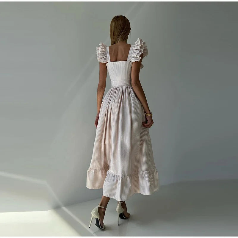 Solid Striped Fly Sleeve Women 's Dress Solid V-neck Single Breasted Draped Front Split Dressess Female Summer Lady Party Robes