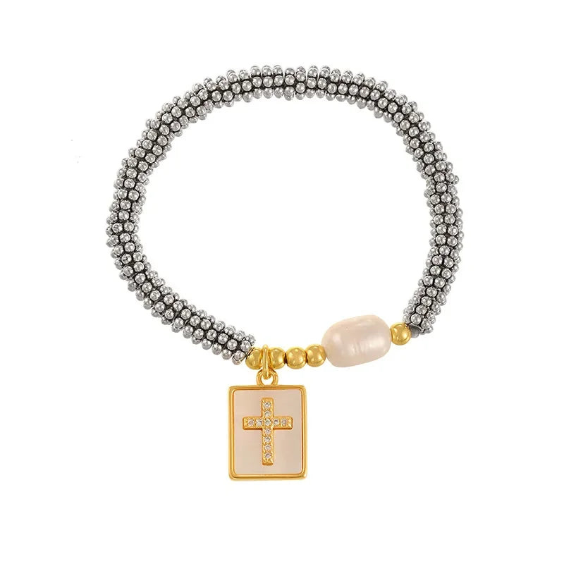Cubic Zirconia Pearl Cross Bracelet