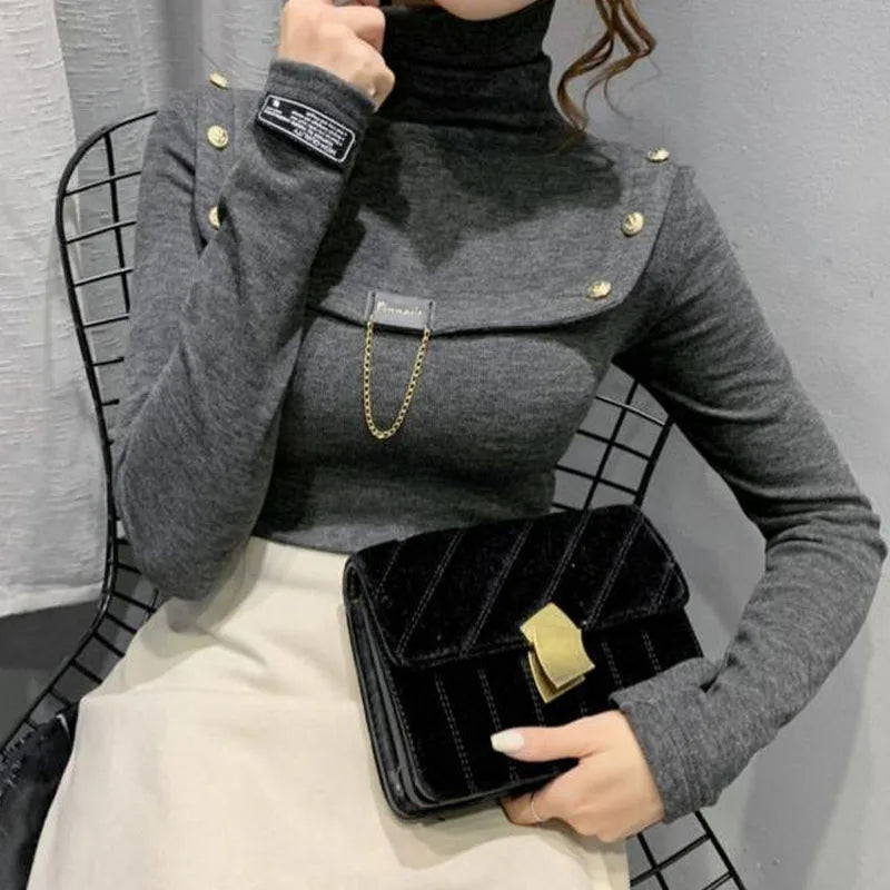 Elegant Button Detail Knit Turtleneck Sweater For Women