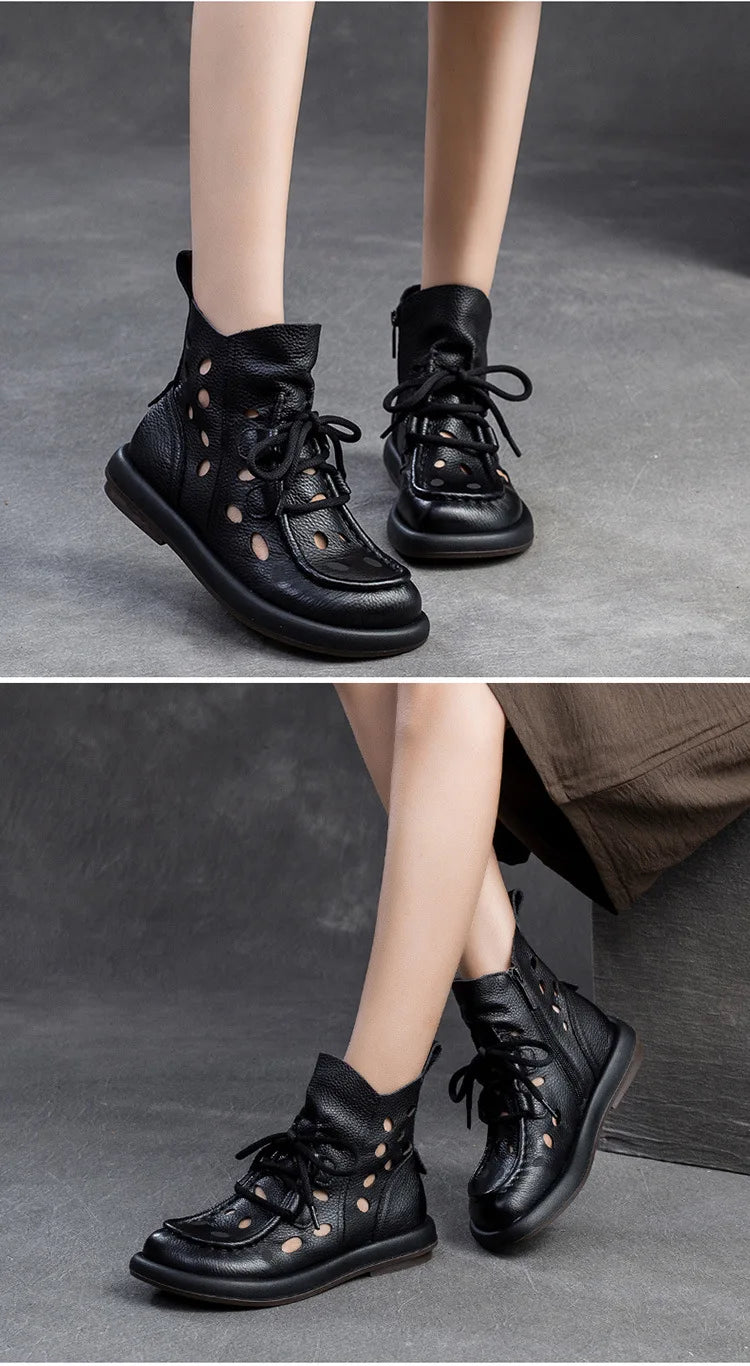 Breathable Hollow-Out Genuine Leather Ankle Boots for Women