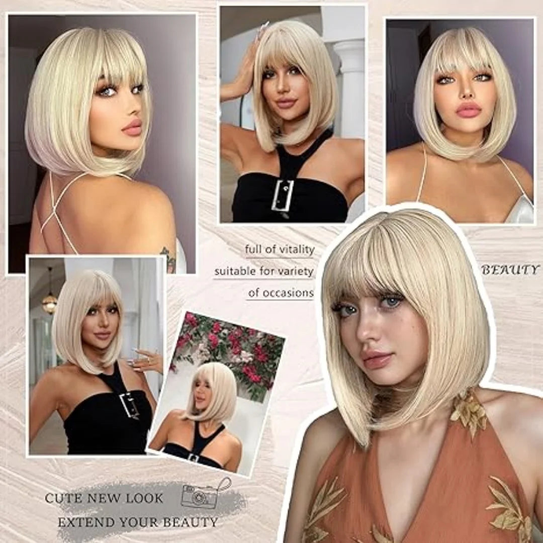 Light Blonde Bob Wig With Bangs for Women Heat Resistant