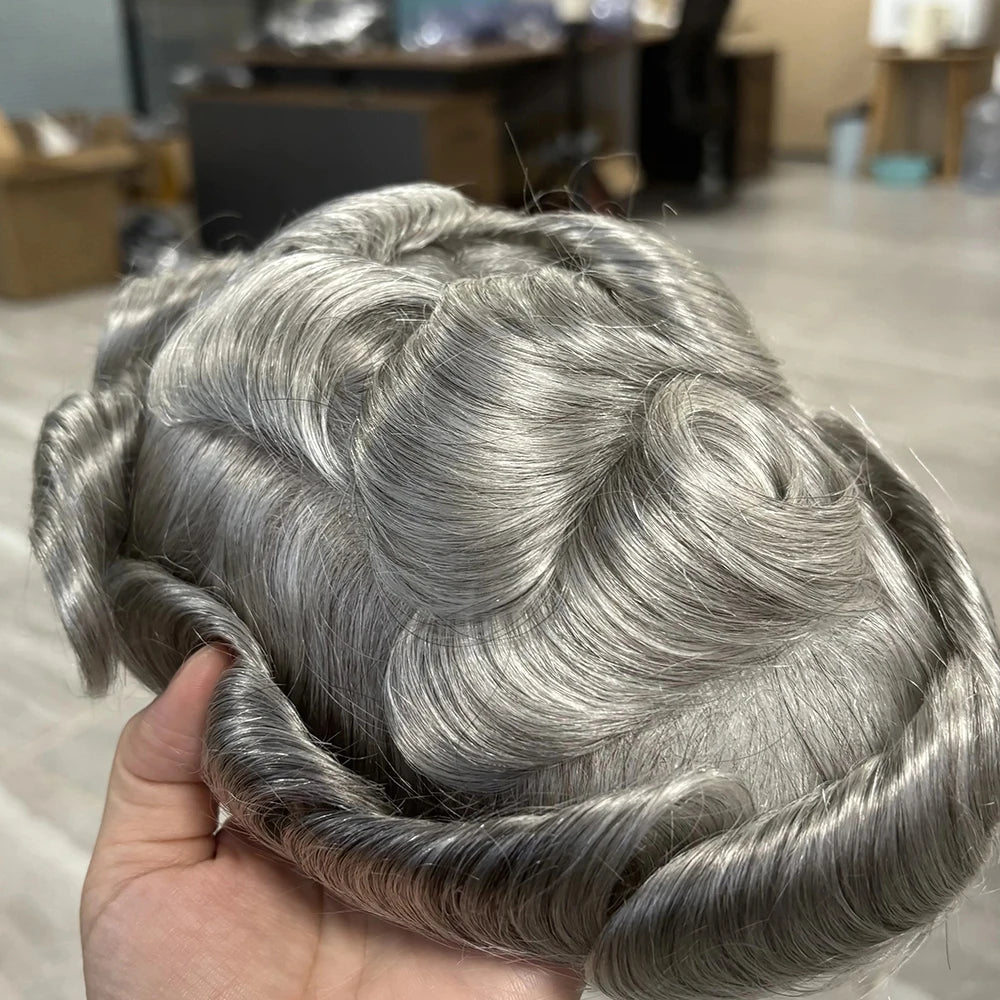 Natural Gray Human Hair Toupee With Realistic Hairline for Men