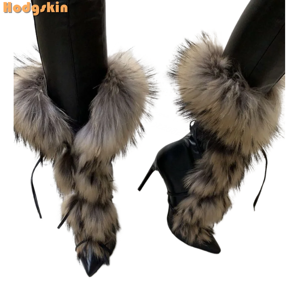 Faux Fur Lace Up Stiletto Knee High Boots for Women