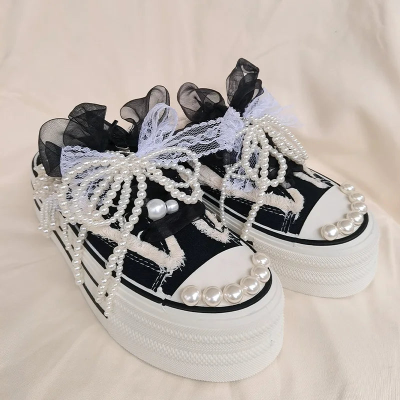 Shiny Sequined Pearl Stud Canvas Slippers for Women