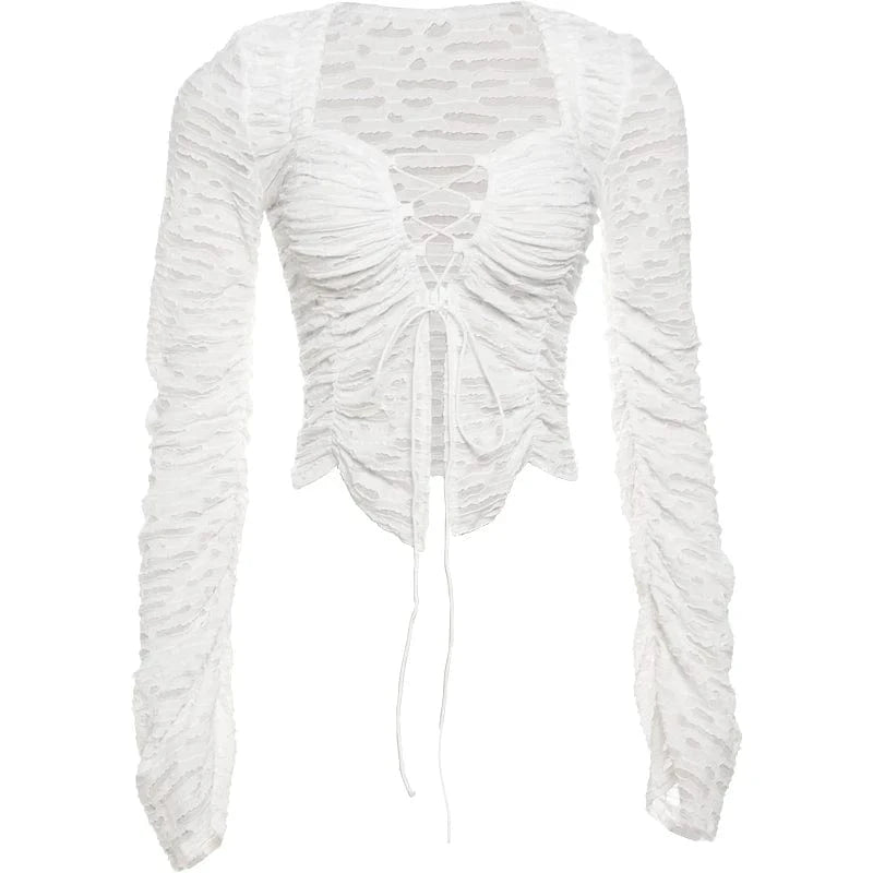 Weird Puss Ripped Chic Crop Tops Women Autumn Elegant Shirring Square Collar Elegant Ruched Full Sleeve Solid Streetwear Tees
