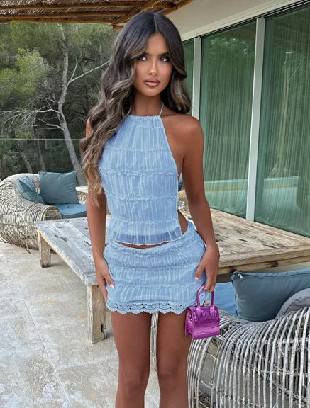 Pleated Halter Backless Two Piece Skirt Set for Women