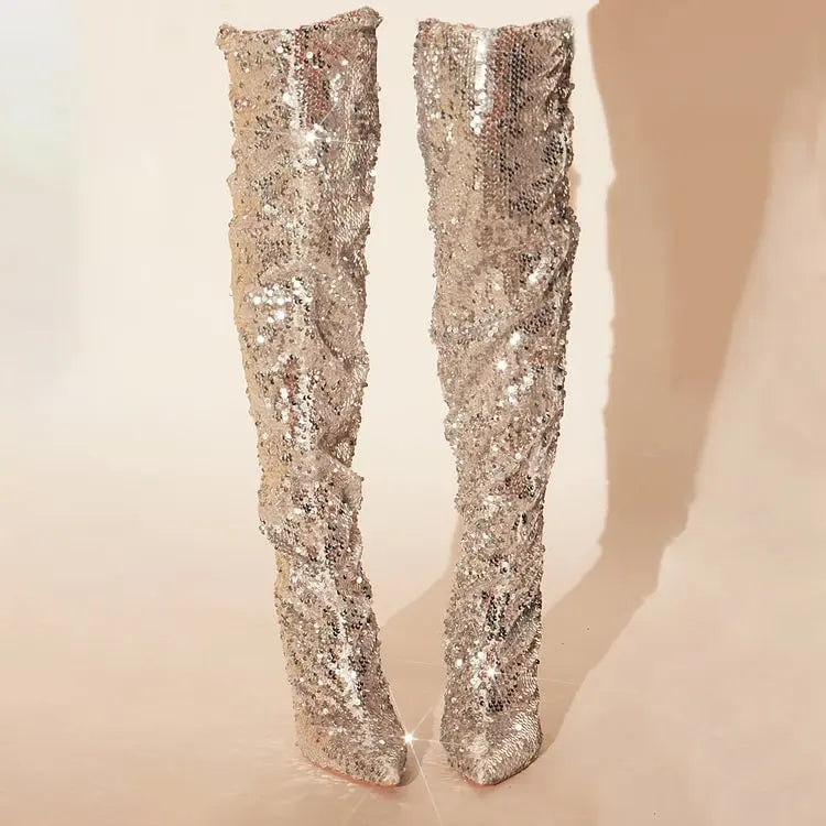 Sequin Pointed Toe Stiletto Over The Knee Boots for Women