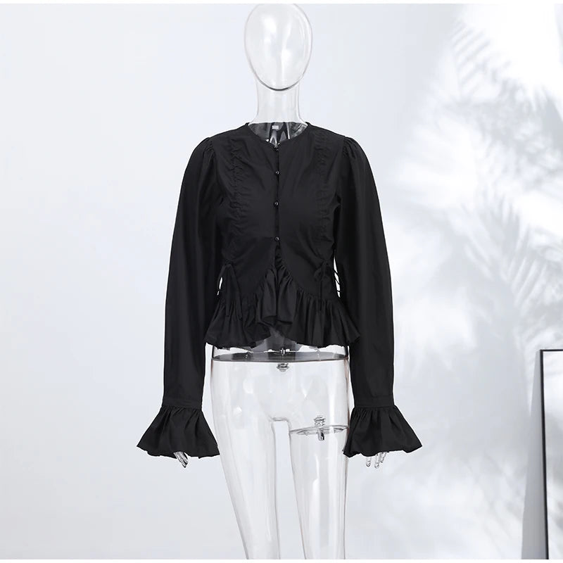 Chic Solid Ruffle Pleated Puff Sleeve Shirt for Women