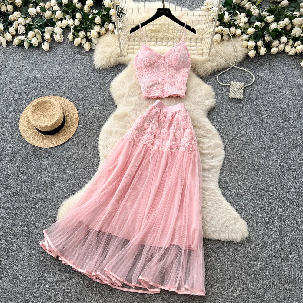 3D Floral Lace Camisole and Pleated Skirt Set for Women