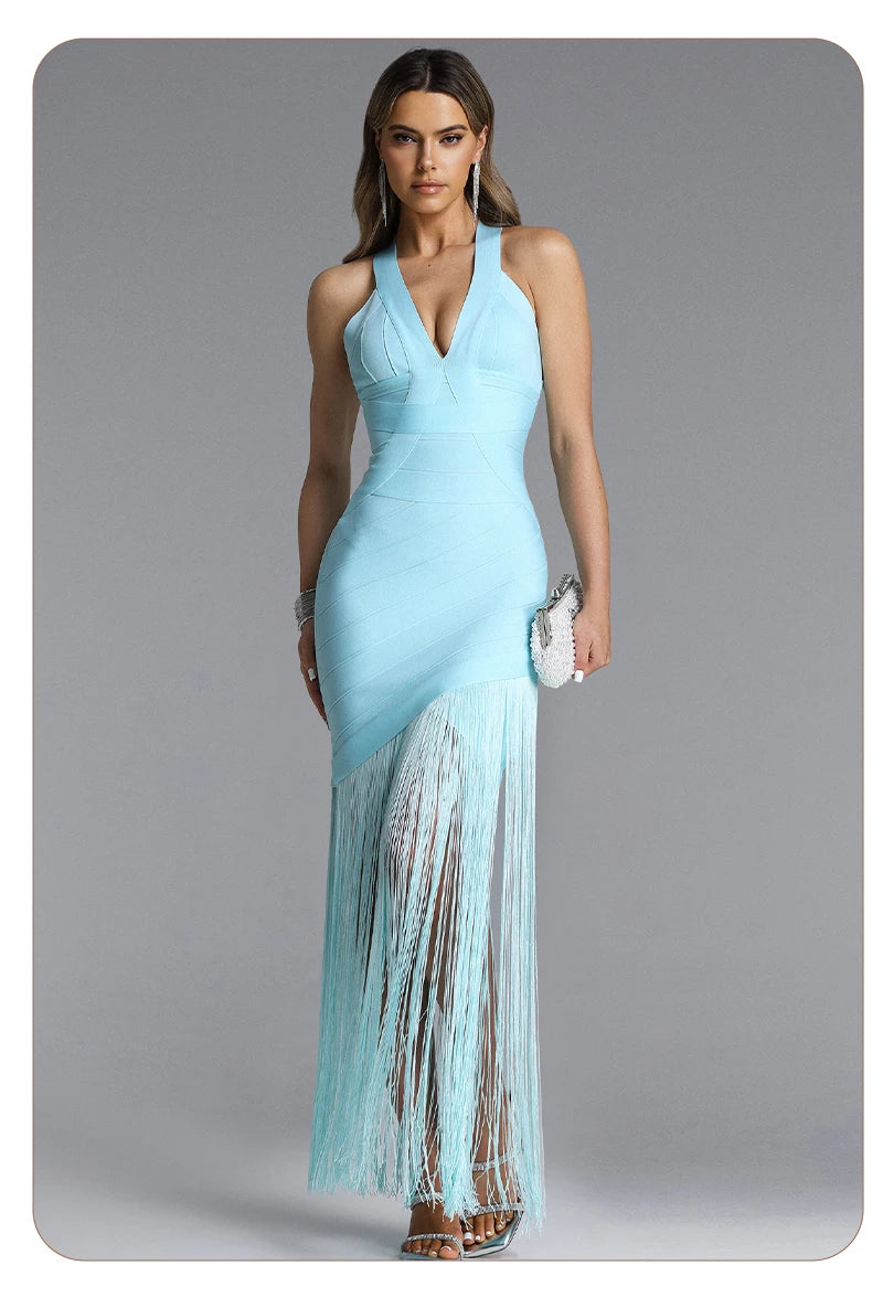 Light Blue Halter Neck Sleeveless Fringe Bandage Maxi Dress for Women