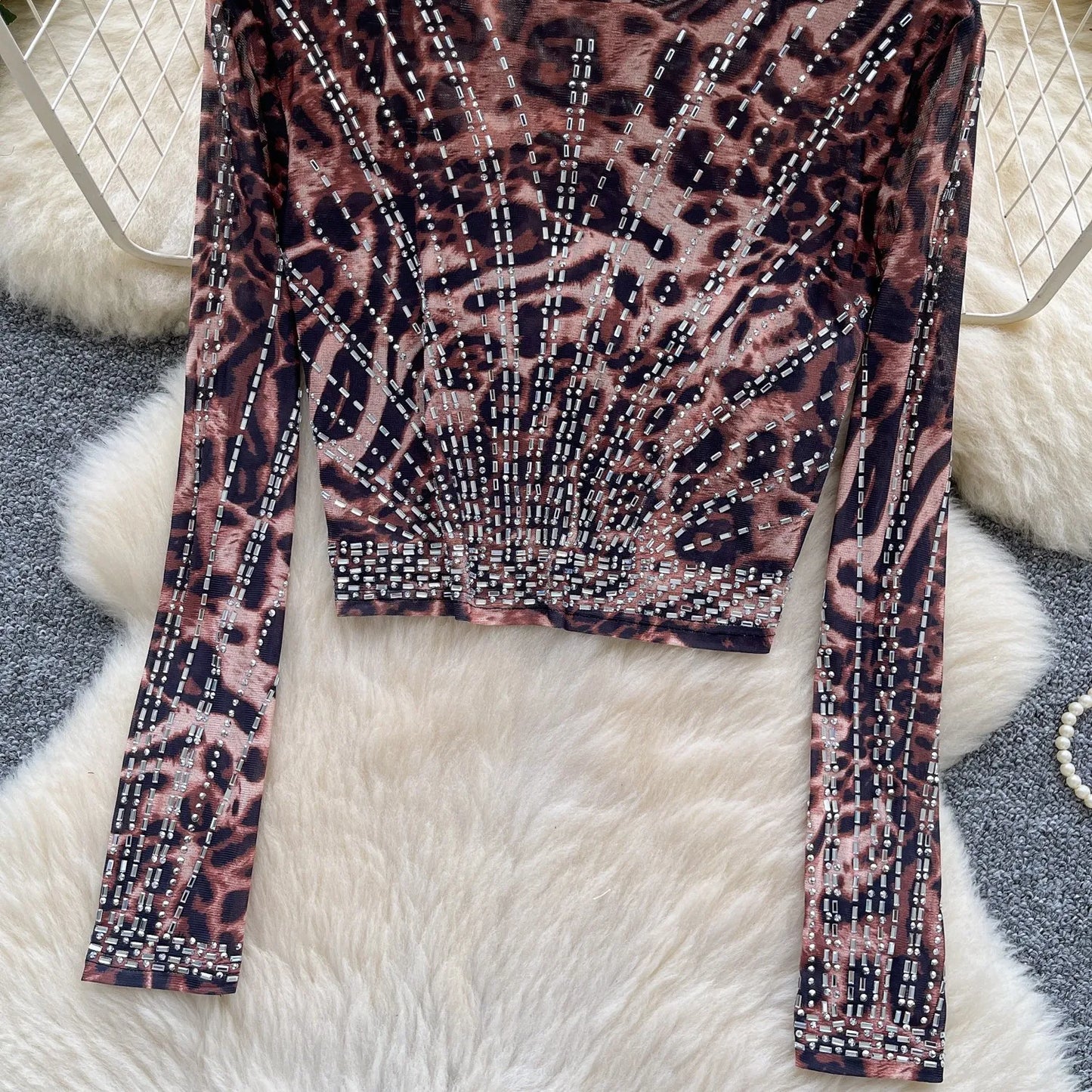 Leopard Print Rhinestone Mesh Long Sleeve Crop Top for Women